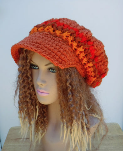 Handmade Orange Newsboy Cap For Women Fall Halloween Visor Hat Slouchy Newsboy Beanie Billed